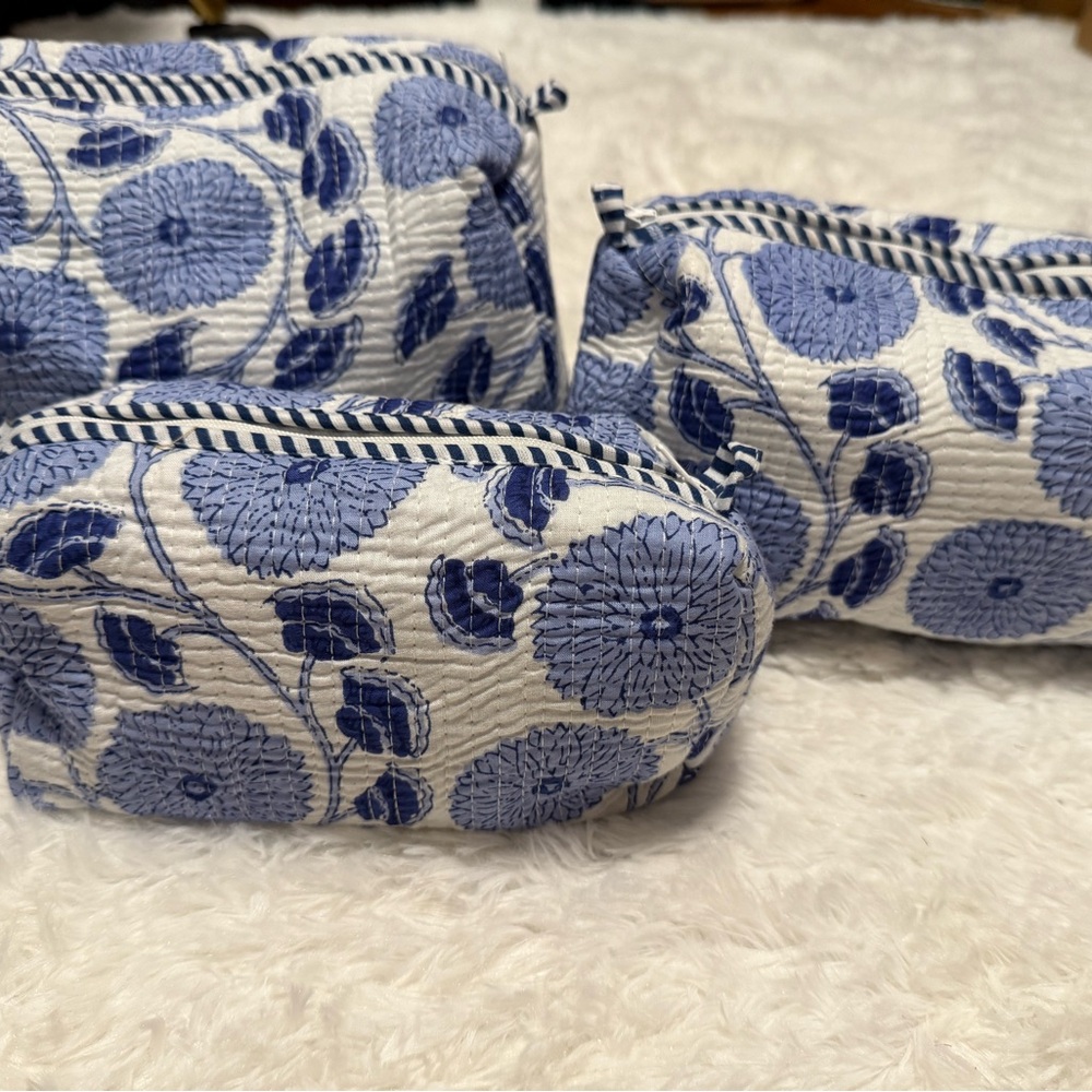 Floral Blue and White Quilted cosmetic bags, set of 3